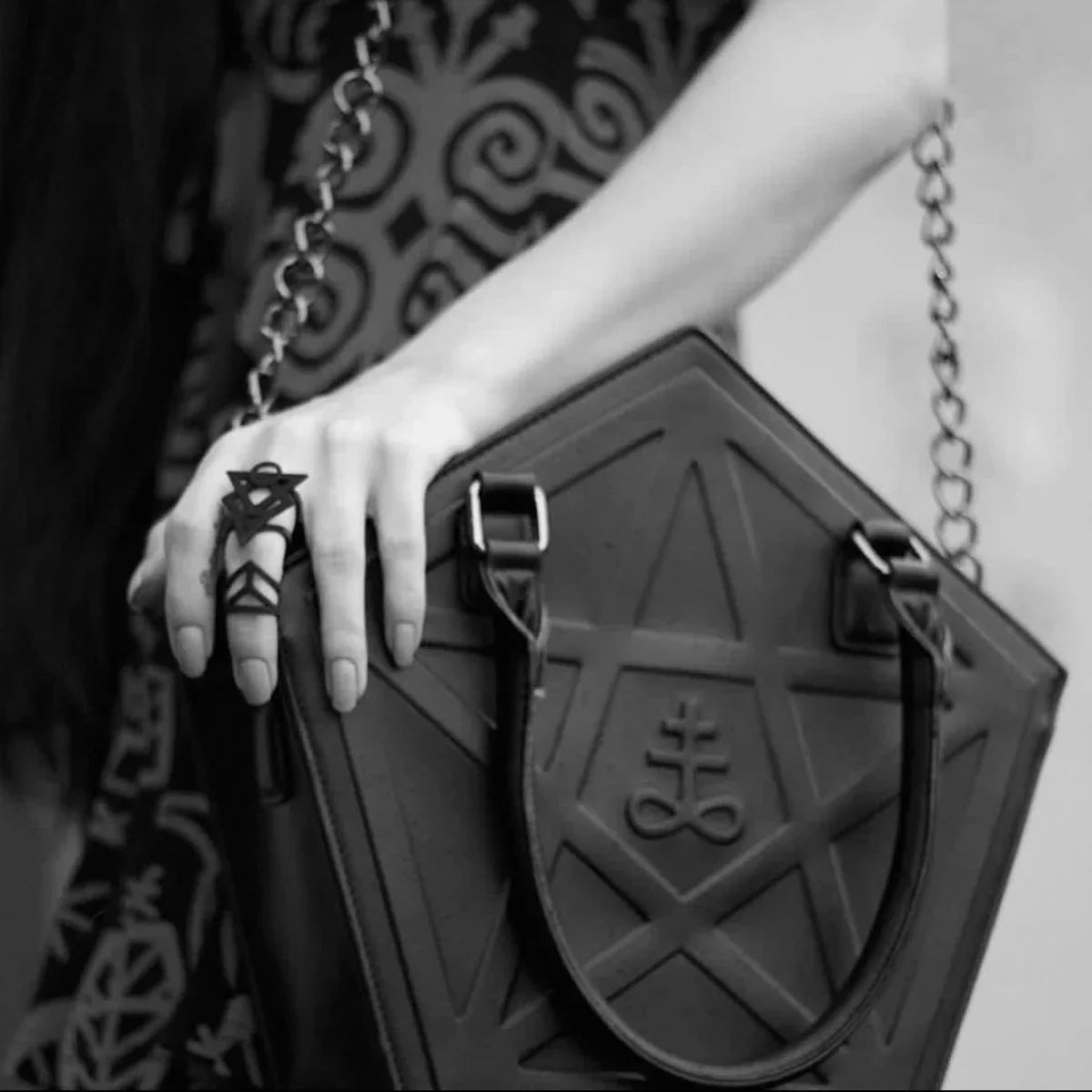 Pentagram Leather Handbag Punk Chain Gothic Shoulder Soft Darkness Bag