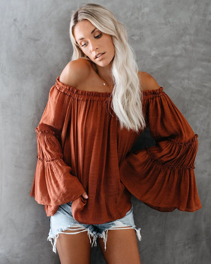 fermon - Women's Flare Sleeve Boat Neck Off Shoulder Blouse Summer Women Long Sleeve Top Casual Tops