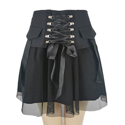 Y2k Black Mesh Harajuku Ladies Summer Female Dark Straps High Sexy Waist Style A-Line Vintage Streetwear Skirt