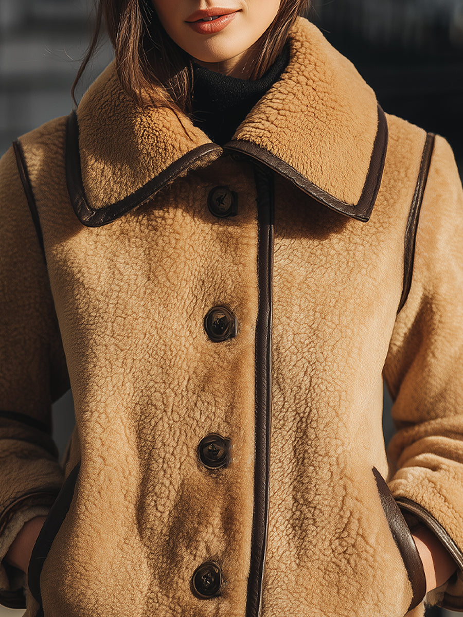 Mooyius Camel Faux Shearling Button-Up Jacket