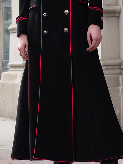 Regal Black Military-Inspired Long Coat With Red Piping