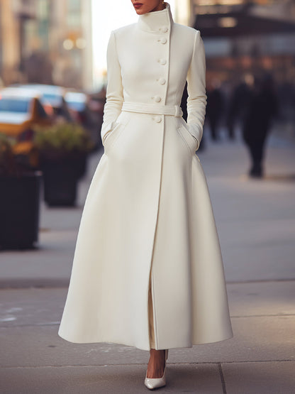 Regal White Military-Inspired Wool Coat