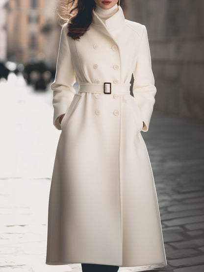 Elegant Wool Blend Double-Breasted Long Coat
