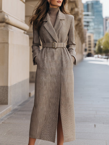 Structured Plaid Belted Longline Coat