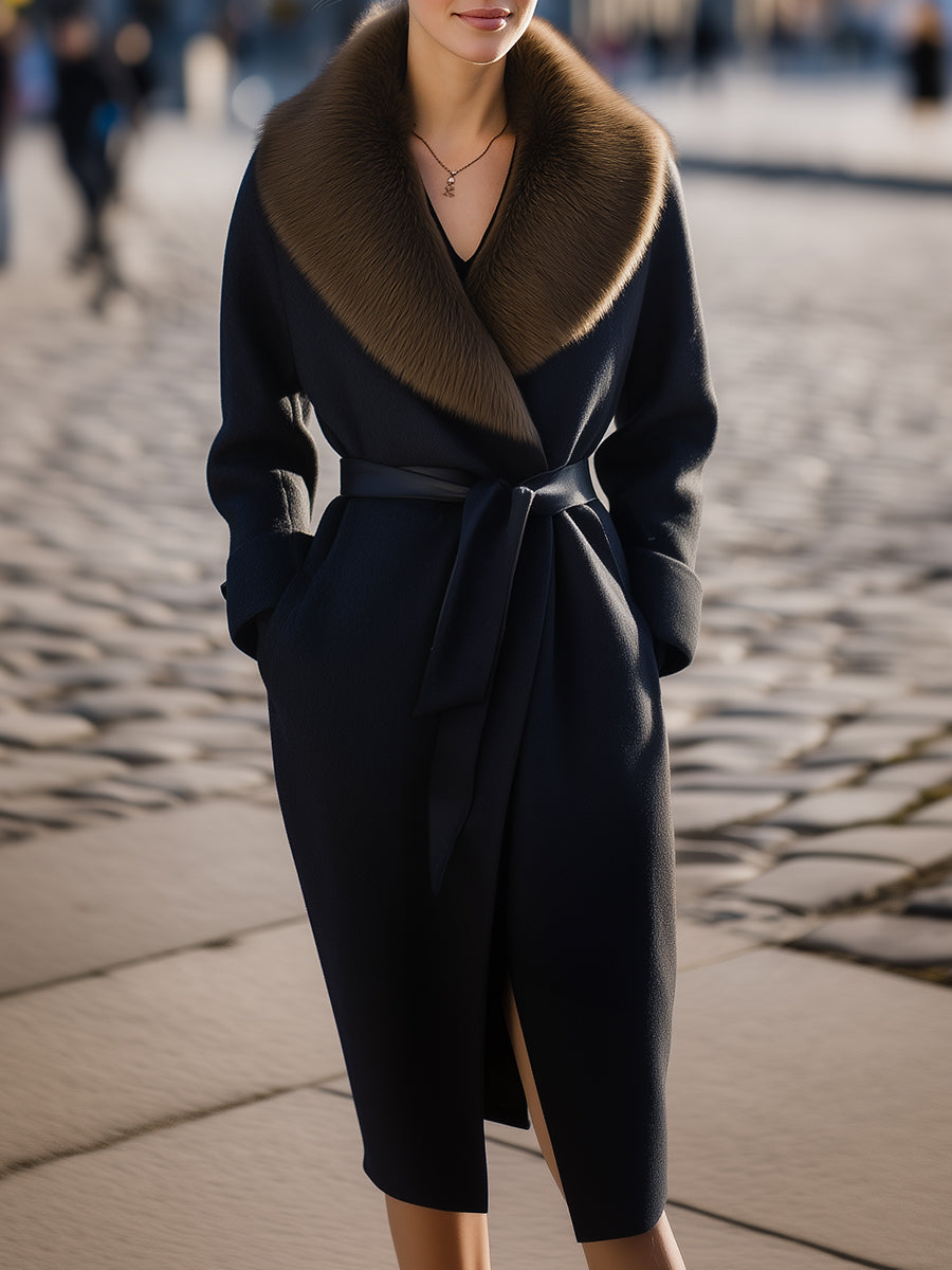 Black Wool Coat With Oversized Fur Collar