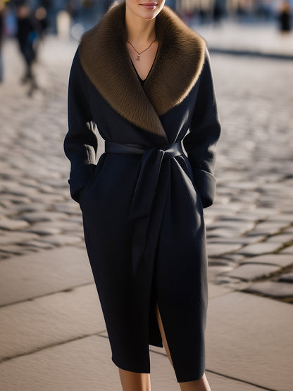 Black Wool Coat With Oversized Fur Collar