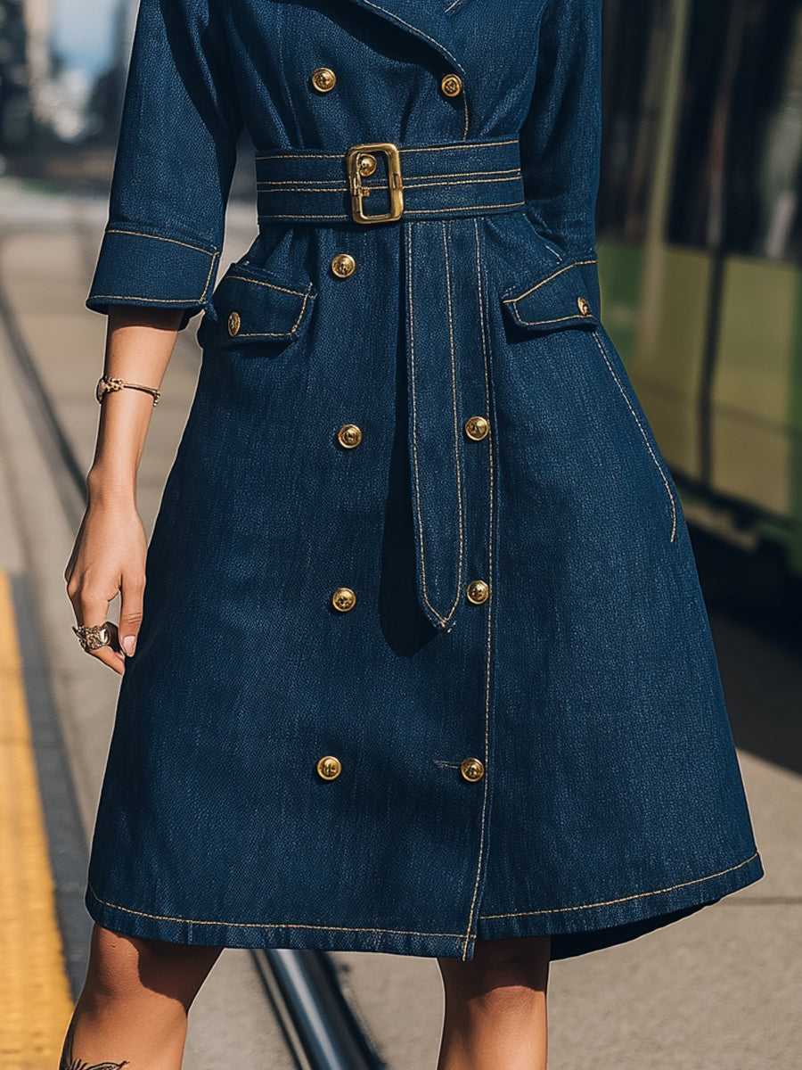 Belted Denim Trench Dress With Gold Buttons