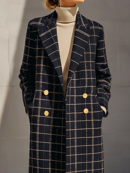 Black Windowpane Longline Coat With Gold Buttons