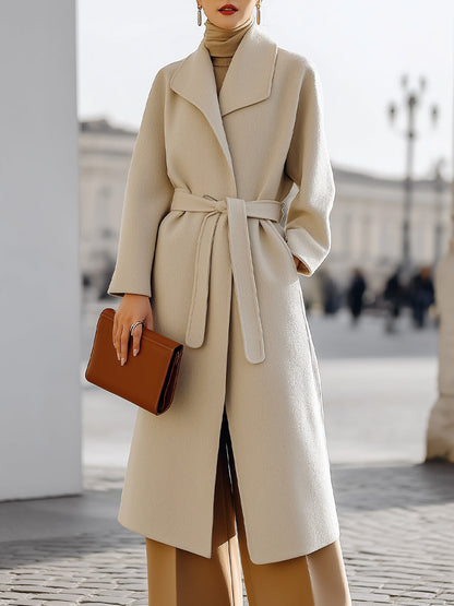 Beige Wool Wrap Coat With Self-Tie Belt