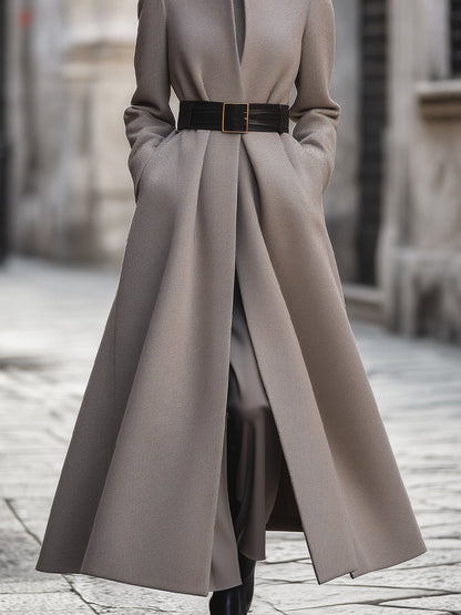 Taupe High-Collar Longline  Coat With Belt