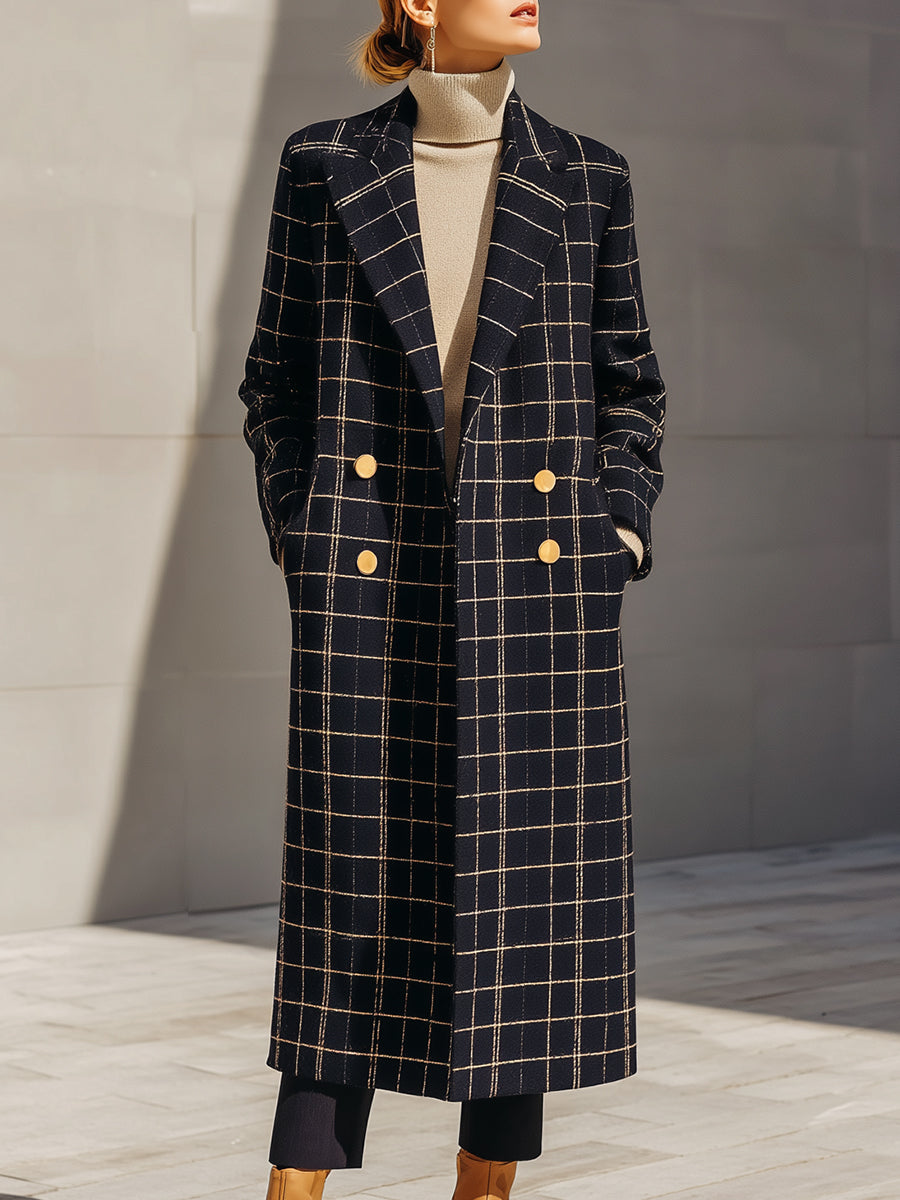 Black Windowpane Longline Coat With Gold Buttons