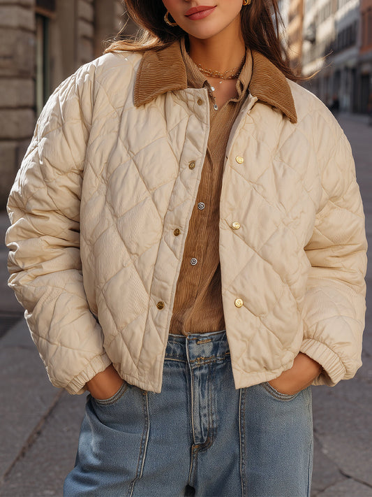 Quilted Cropped Jacket With Corduroy Collar In Beige