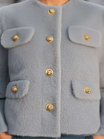 Chic Grey Faux Fur Jacket With Gold Button Details