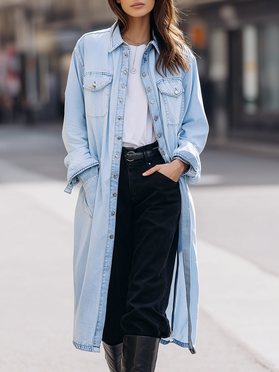 Light Wash Denim Duster Shirt Jacket