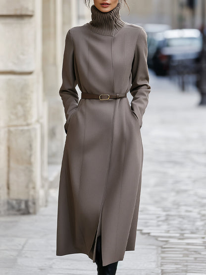 Taupe Wool-Blend Coat With Ribbed Turtleneck