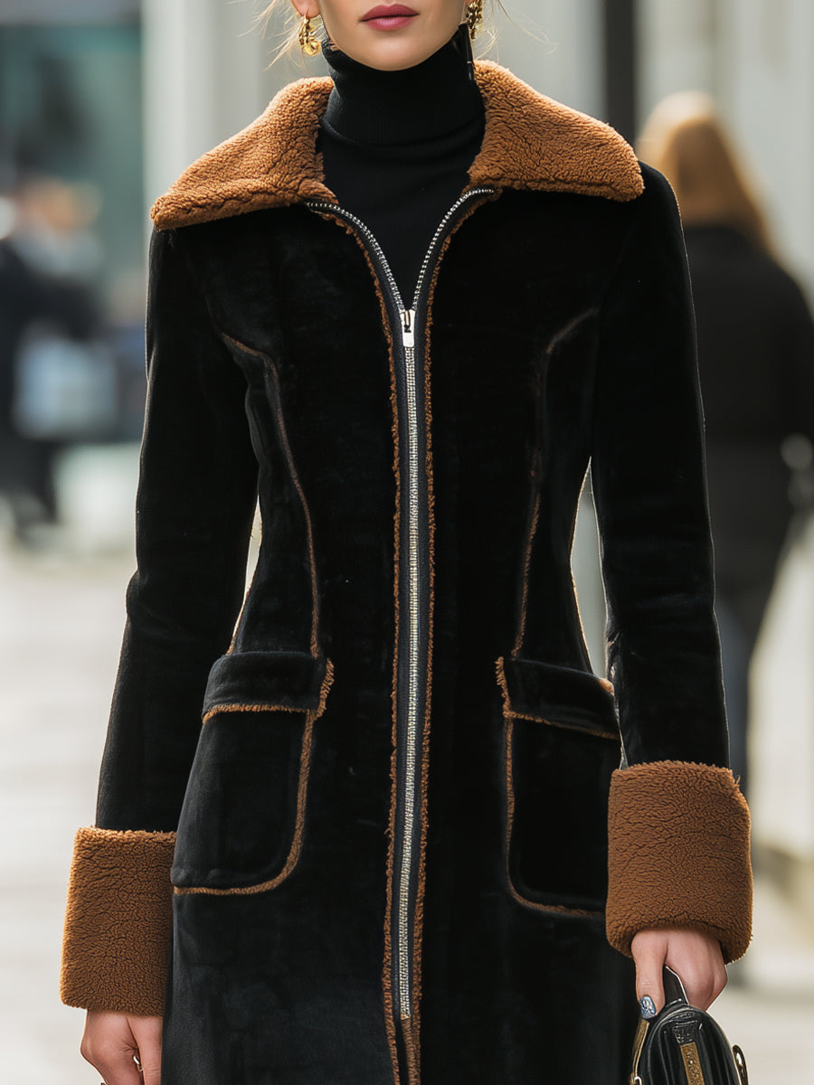 Elegant Contrast Trim Long Plush Coat