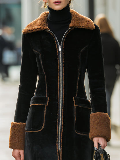 Elegant Contrast Trim Long Plush Coat