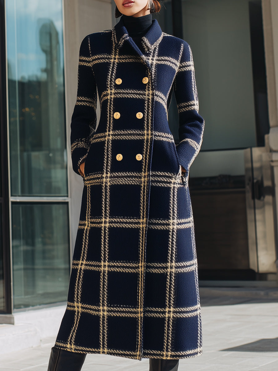 Navy Plaid Wool-Blend Double-Breasted Coat