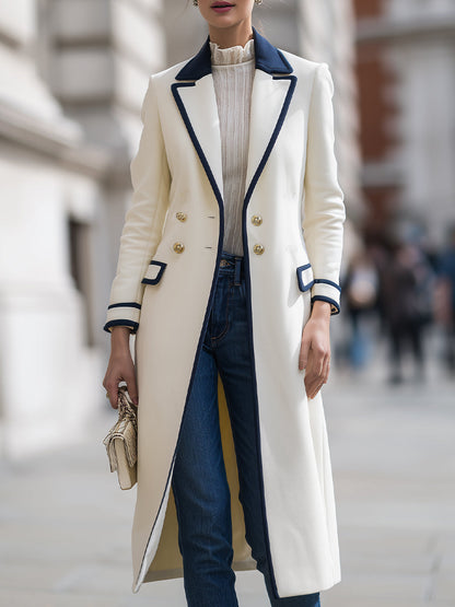 Legant White Double - Breasted Coat With Navy Contrast Trim