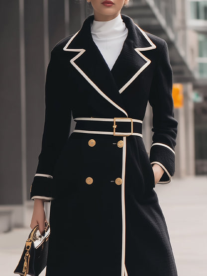 Elegant Contrast-Trim Double-Breasted Belted Long Coat