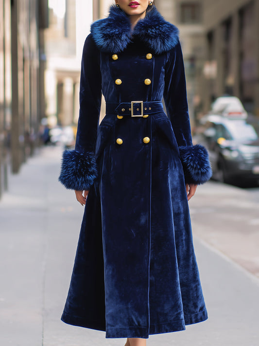 Royal Velvet Double-Breasted Faux Fur Trim Long Coat