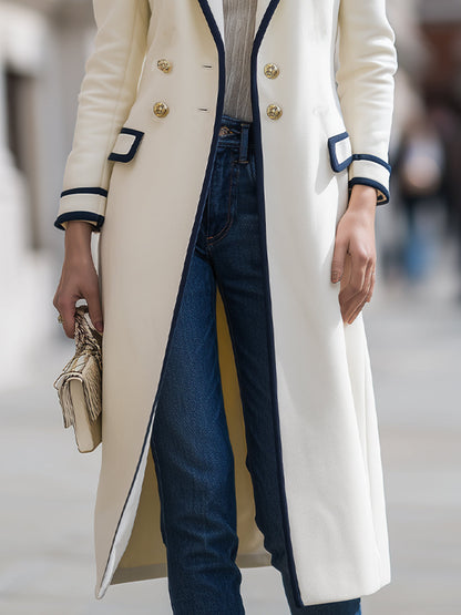 Legant White Double - Breasted Coat With Navy Contrast Trim