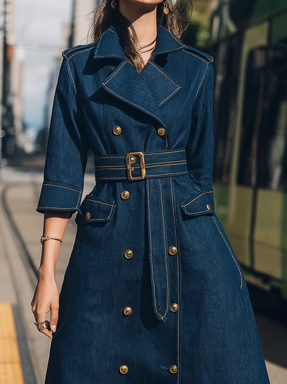 Belted Denim Trench Dress With Gold Buttons