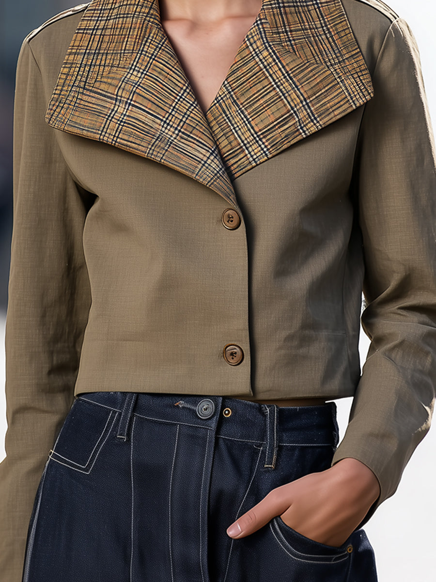 Cropped Jacket With Oversized Plaid Collar