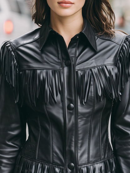 Mooyius Stylish Black Fringe  Faux Leather Jacket