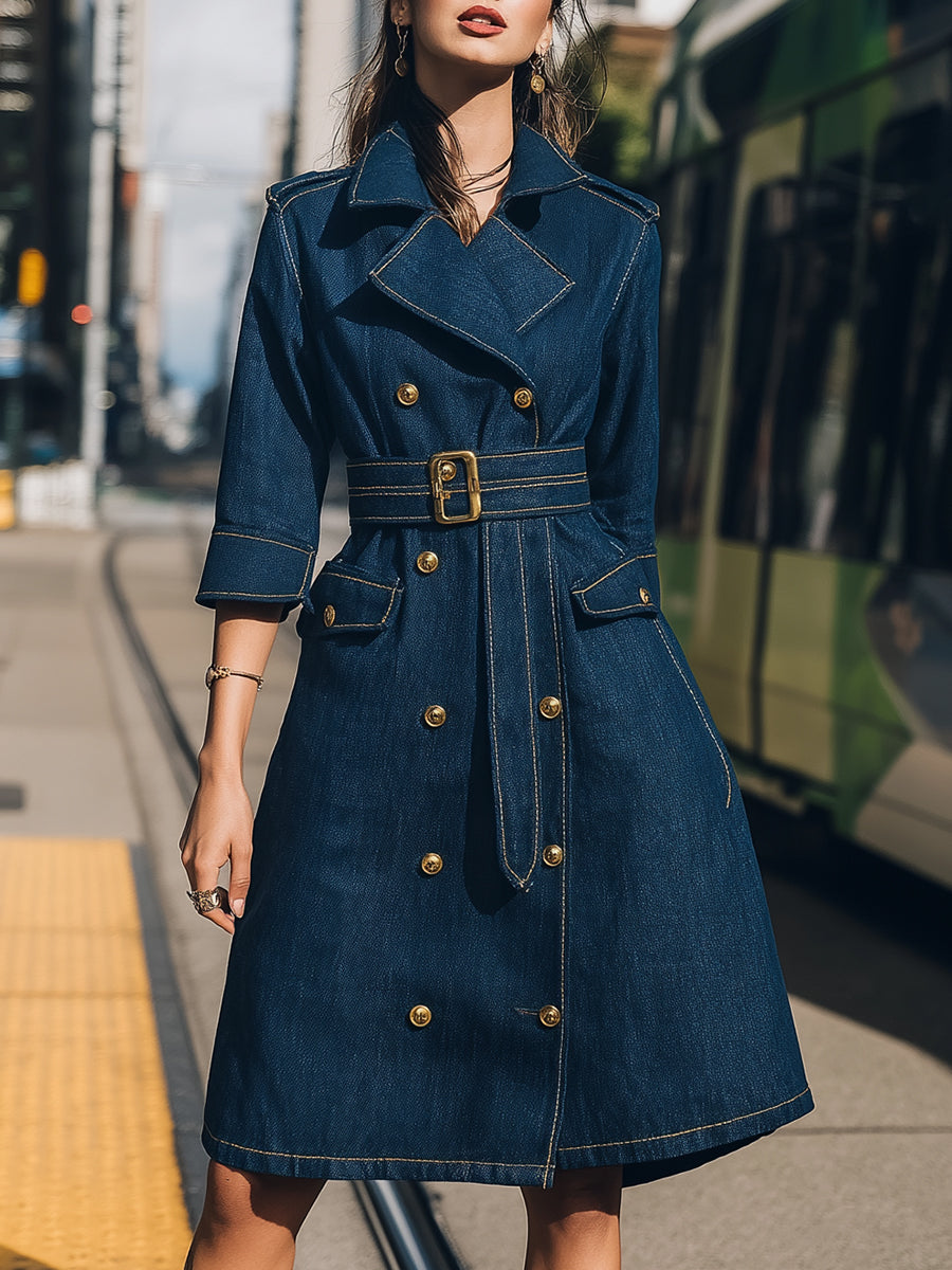 Belted Denim Trench Dress With Gold Buttons