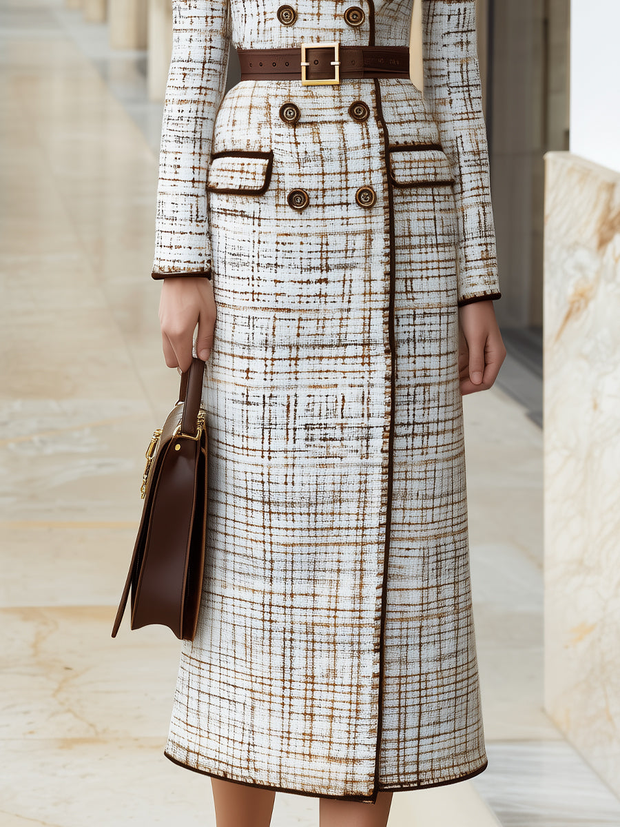 Tweed Contrast Trim Long Coat With Waist Belt