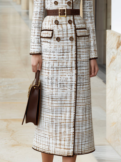 Tweed Contrast Trim Long Coat With Waist Belt