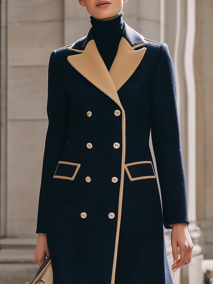 Navy Blue Double - Breasted Coat With Camel Contrast Details
