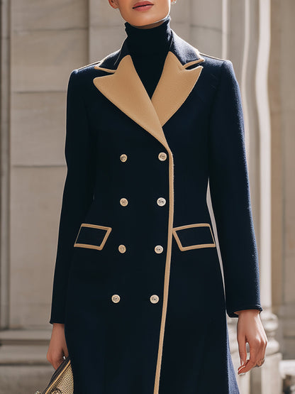 Navy Blue Double - Breasted Coat With Camel Contrast Details