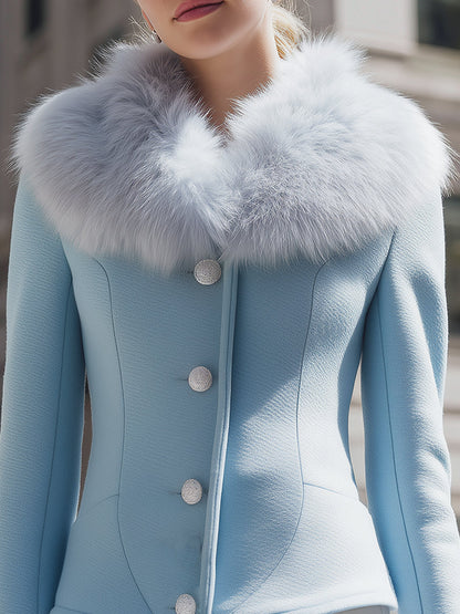 Elegant Light Blue Jacket With Fluffy Collar